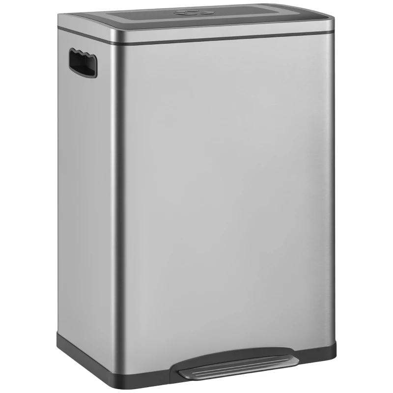 HOMCOM Prullenbak met Deksel en Voetpedaal, Roestvrij Staal, 2x 20 Liter Compartimenten, Zilver(m-11)