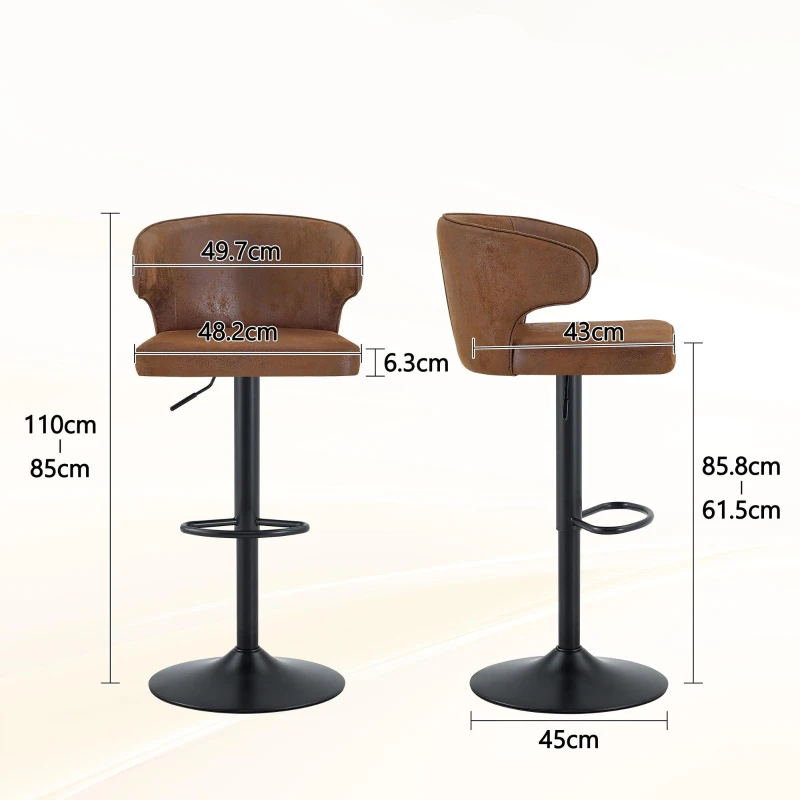 Lot de 2 tabourets de bar avec dossier, réglables en hauteur et pivotants 360°, 49.7x45x110 cm, Marron