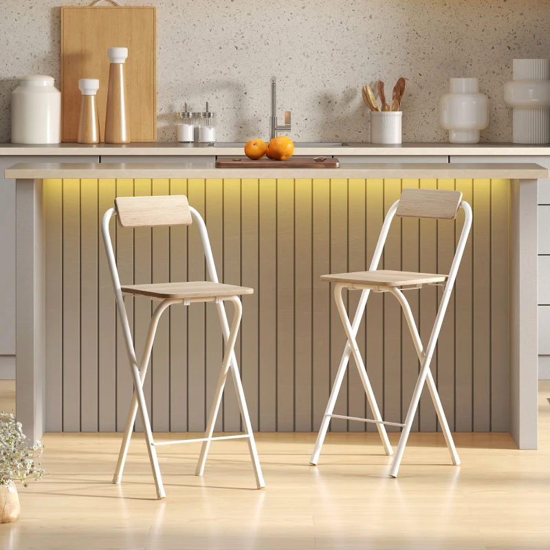 HOMCOM Set 2 Scaune de Bar Pliabile cu Suport pentru Picioare, din Lemn și Oțel, 37 x 45 x 87 cm, Lemn