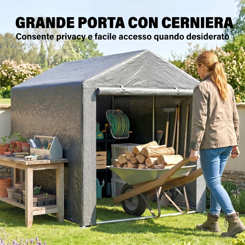 Outsunny Capanno Porta Attrezzi e Tenda Garage per Bici e Moto con Copertura Anti-UV, 1.6x2m, Grigio Chiaro