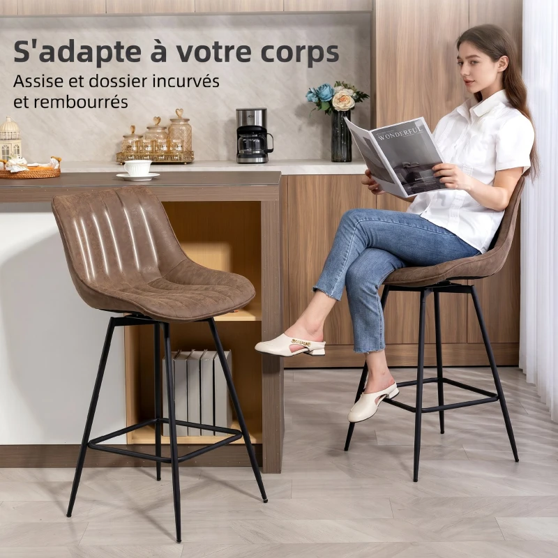 HOMCOM Lot de 2 tabourets de bar, chaises de bar en PU, assise rembourrée 68H cm, dossier et repose-pieds, marron