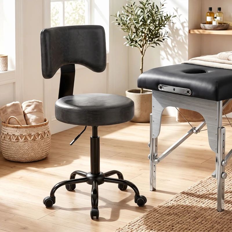 HOMCOM Scaun Salon cu Rotile, PU, Înălțime Reglabilă, Șezut Căptușit și Spătar, Rotativ, 34,5x34,5x87,5 cm, Negru