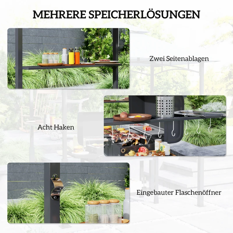 Outsunny Grillpaviljoen, tuingrilltent met kruidenplanken, LED-verlichting, metaal, kunststof, 243L x 148B x 248H cm, grijs