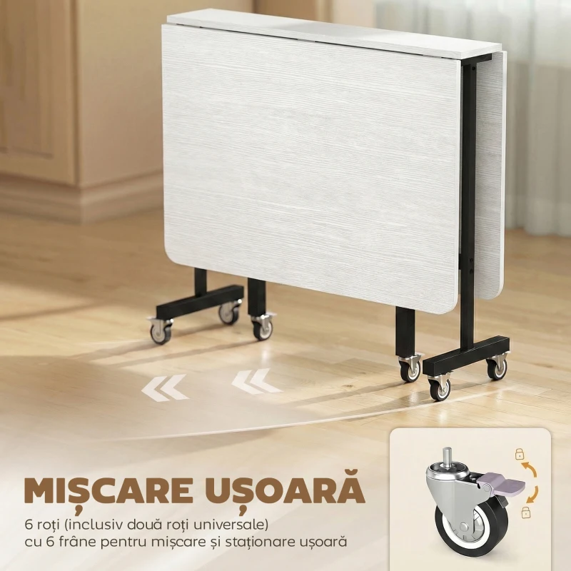 HOMCOM Masă pliabilă pentru 4-6 persoane cu 2 extensii și roți cu frână, 120x80x73 cm, alb cu aspect de lemn