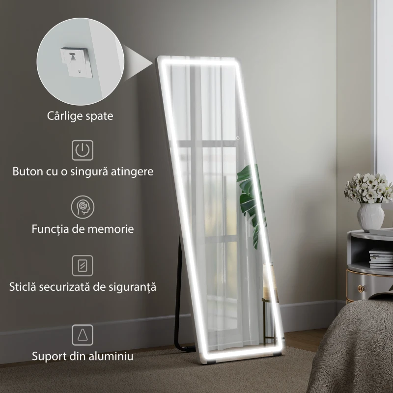 HOMCOM Oglindă de Corp Întreg cu LED, 150x50 cm, Iluminare în 3 Culori, de Podea, Sprijinită sau Montată pe Perete, Transparentă
