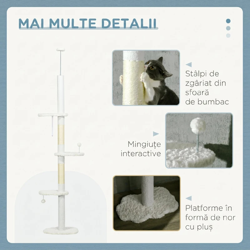 PawHut Arbore pentru pisici cu montare pe tavan, înălțime reglabilă și stâlpi acoperiți cu sisal, 48x32x225-255 cm, alb