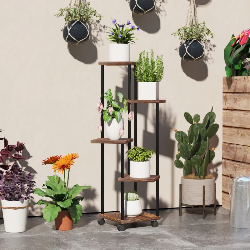 Outsunny Bloemenstandaard met 5 Niveaus, 5-Traps Plantenstandaard, Verspringend Ontwerp, Eenvoudig te Verplaatsen, Hout, Staal