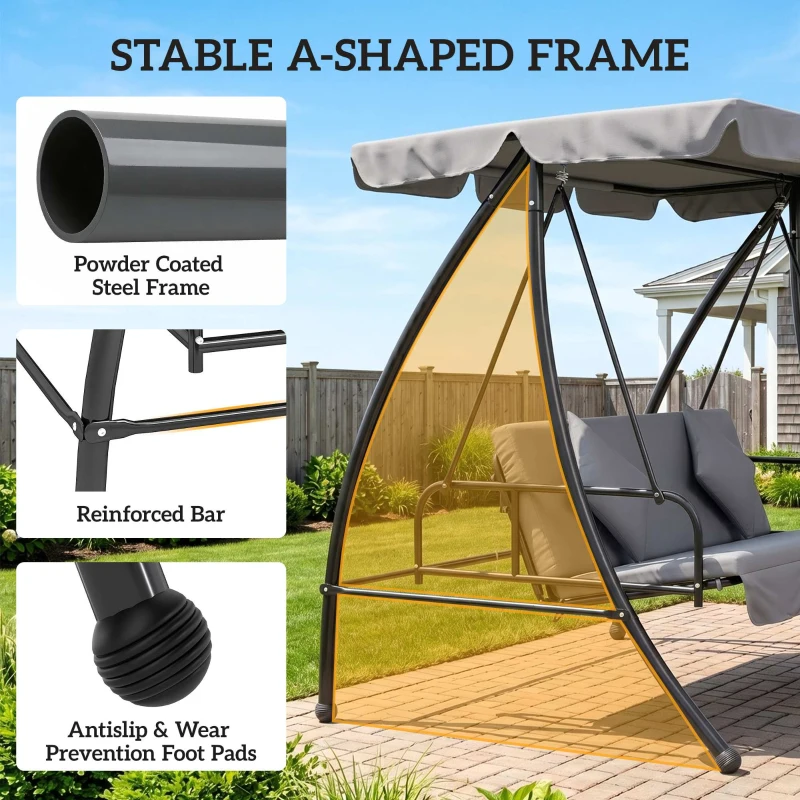 Outsunny Outdoor 2-in-1 Swing Chair Lounger 3 Seater Garden Swing Seat Bed Convertible Tilt Canopy W/ Cushion, Light Grey