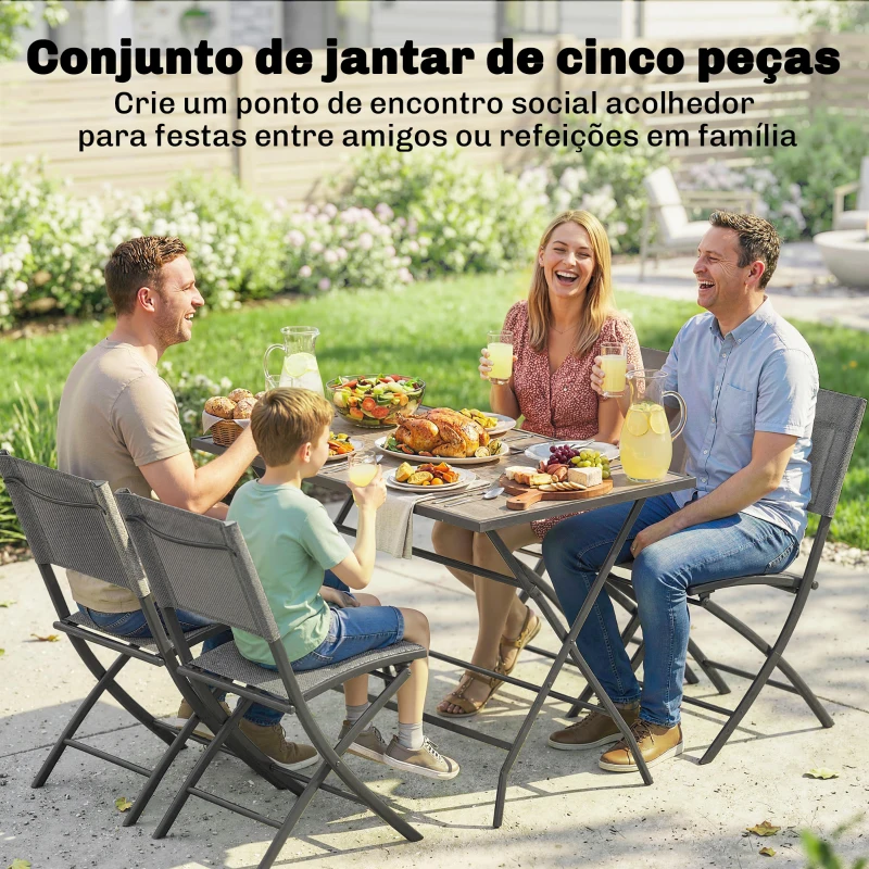 Outsunny Conjunto de Mesa e Cadeiras de Jardim de 5 Peças Móveis de Jardim com 4 Cadeiras Dobráveis e Mesa Dobrável Cinzento
