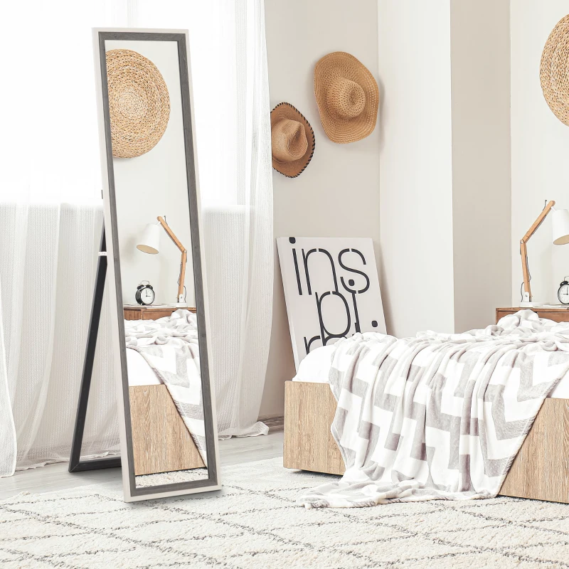 HOMCOM Espejo de Cuerpo Entero 157x37 cm Espejo de Pie o de Pared con Marco de MDF y Soporte Blanco y Gris
