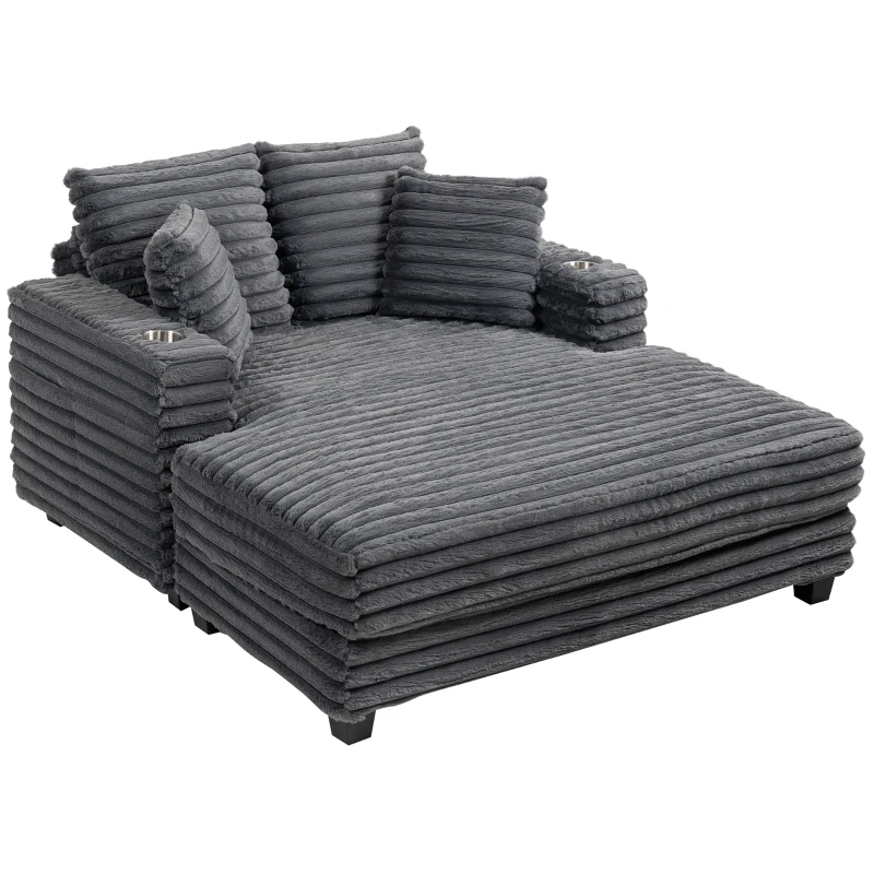 HOMCOM Chaiselongue 2-zits grote slaapbank 134 x 151 cm met bekerhouder voor woonkamer, grijs