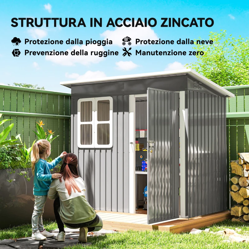 Outsunny Casetta da Giardino in Acciaio con Porta con Blocco, Finestra e Prese d'Aria, 2.2 x 1.3 m, Grigio