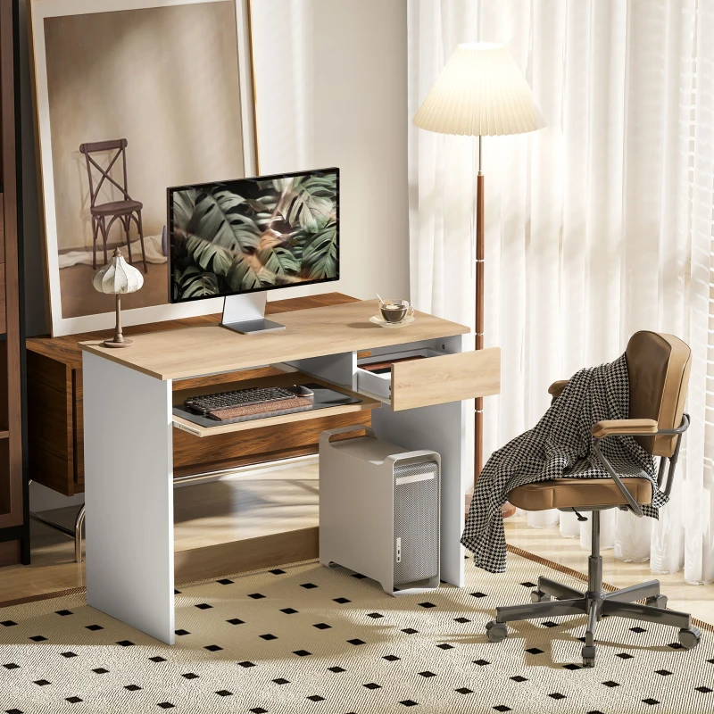 HOMCOM 100cm Compact Computer Desk with Keyboard Tray, Home Office Desk with Drawer for Bedroom Study, Oak