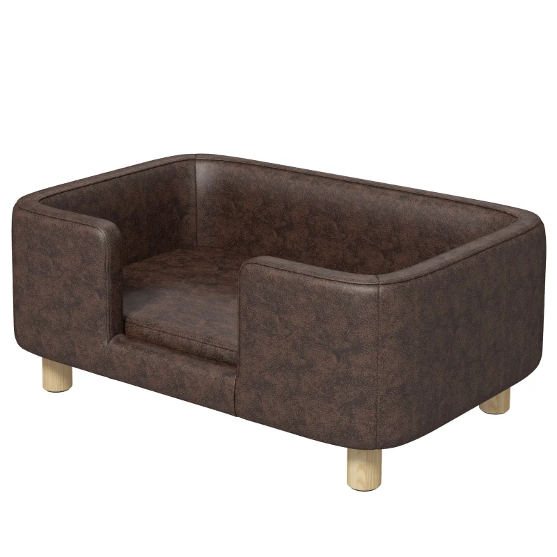 PawHut Canapé chien lit pour chien chat avec rebord coussin moelleux pieds bois massif dim. 74 x 48,5 x 31 cm revêtement micro-fibre chocolat