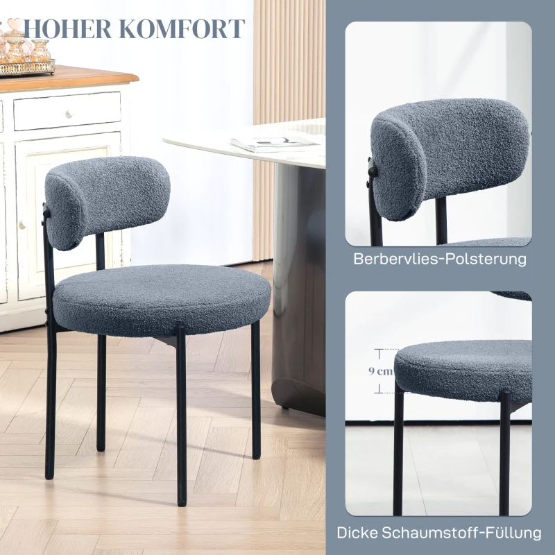 HOMCOM Set van 2 eetkamerstoelen, fleece-bekleding, stoelen met gestoffeerde zitting, metalen poten, grijs