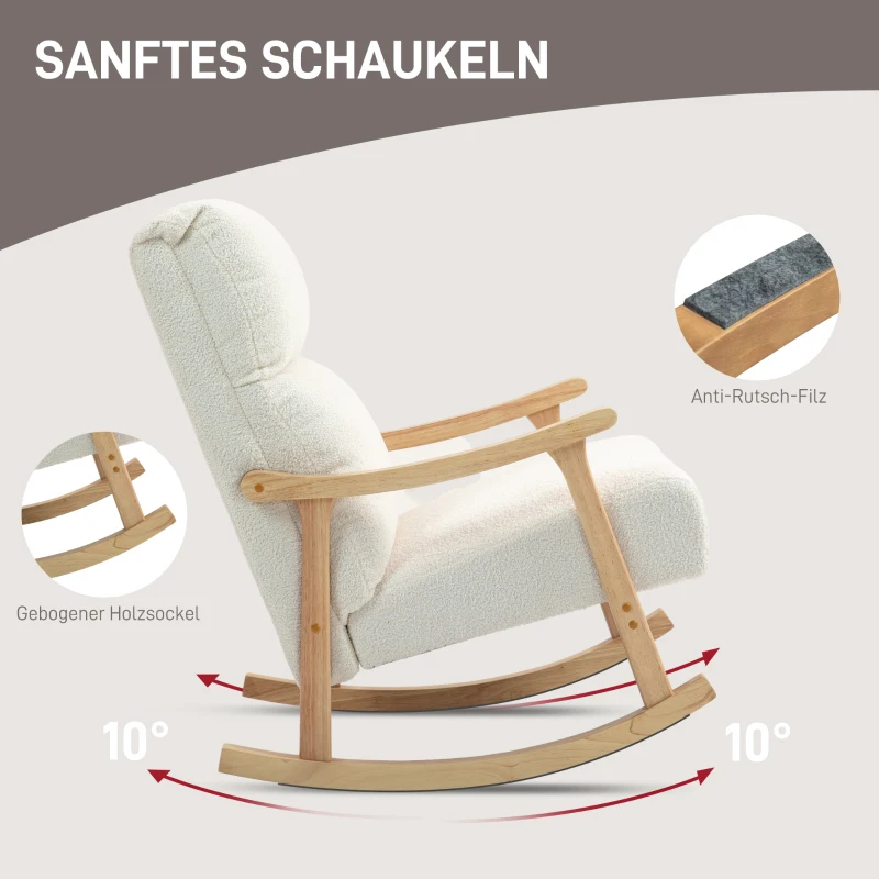 HOMCOM Schommelstoel met rugleuning, houten poten, relaxstoel met teddystof, comfortabele stoel voor woonkamer, slaapkamer of balkon, crème wit(m-4)