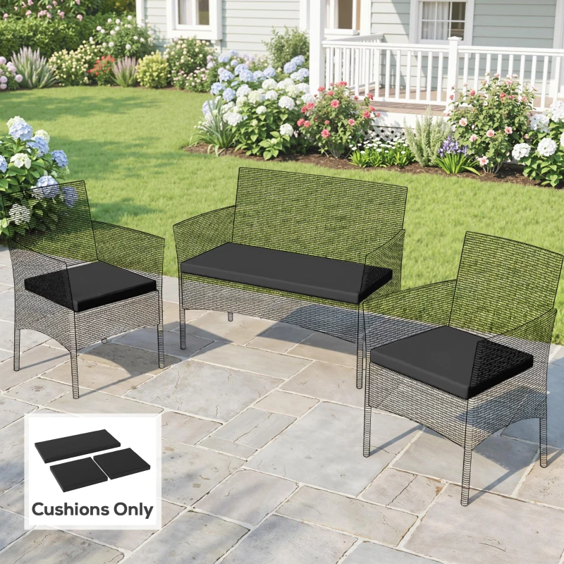 Outsunny Outdoor Seat Cushion Pads for Rattan Furniture, 3 PCs Garden Furniture Cushions, Black