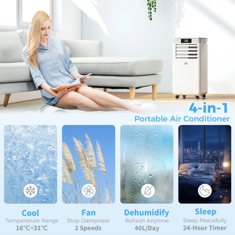 HOMCOM 10000 BTU Air Conditioning Unit, 4-in-1 Portable Air Conditioner, Dehumidifier, Cooling, Fan, Sleep Mode, with Remote Control, LED Display, 2 Speeds, 24H Timer, Window Venting Kit, 22m²