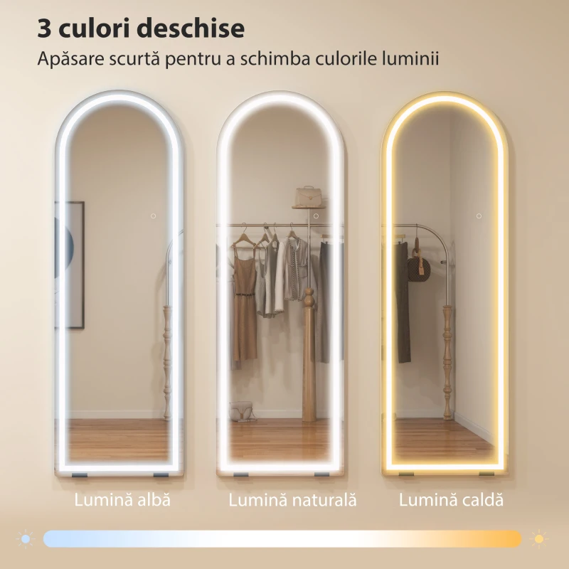 HOMCOM Oglindă de podea arcuită cu lumini, 150x50 cm, de perete și autoportantă, reglabilă, cu funcție de memorie, transparentă