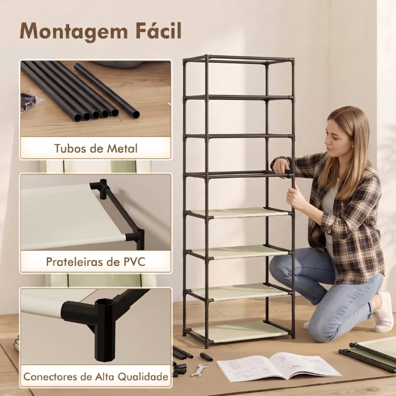 HOMCOM Sapateira de 7 Níveis, Sapateira Estreita em Aço com Capa em Tecido Não Tecido, 2 Bolsos, para 14-21 Pares, Bege