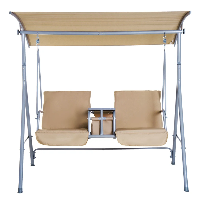 Outsunny Dondolo da Giardino 2 Posti Separati con Tavolino e Tetto Regolabile, in Metallo 175x112x165cm Beige