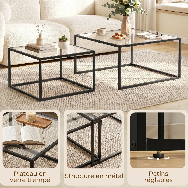 HOMCOM Lot de 2 tables basses gigognes, table de salon avec plateau en verre trempé et structure en métal, noir