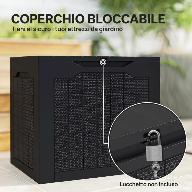 Outsunny Baule da Giardino con Maniglie, Contenitore Porta Attrezzi Impermeabile, 56x41x50 cm, Nero