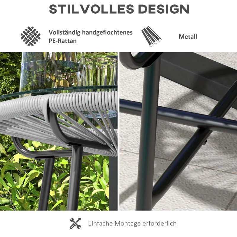Outsunny Tuintafel Boho-stijl buiten bijzettafel, PE-Rattan, gehard glas, weerbestendig, 50 cm x 50 cm x 50 cm, Grijs