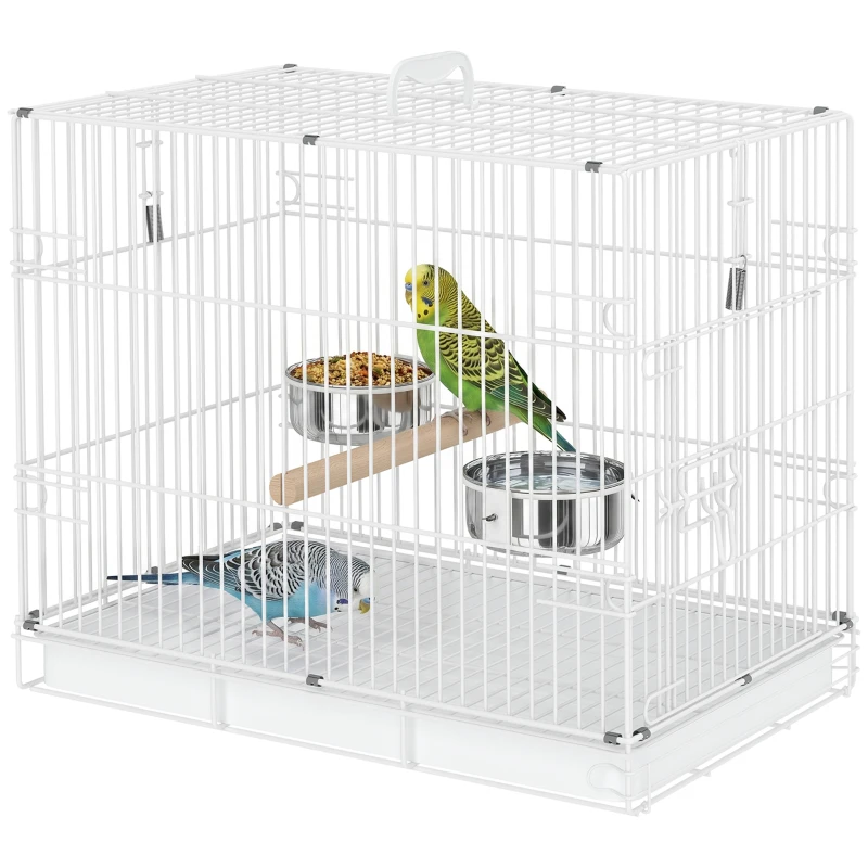 PawHut Bird Cage Foldable Portable Budgie Cage with Wooden Perch 2 Bowls for Travel 49 x 31 x 40 cm White
