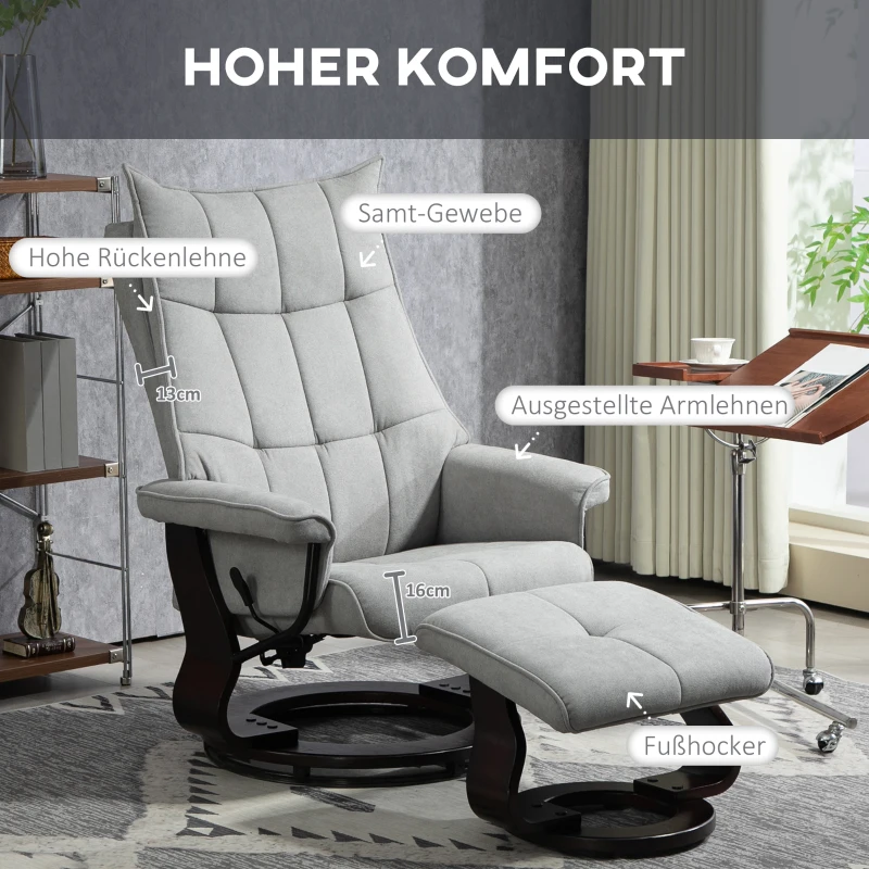 HOMCOM Relaxfauteuil met hocker, draaibaar, fluweellook, verstelbare rugleuning, tot 150 kg, Grijs