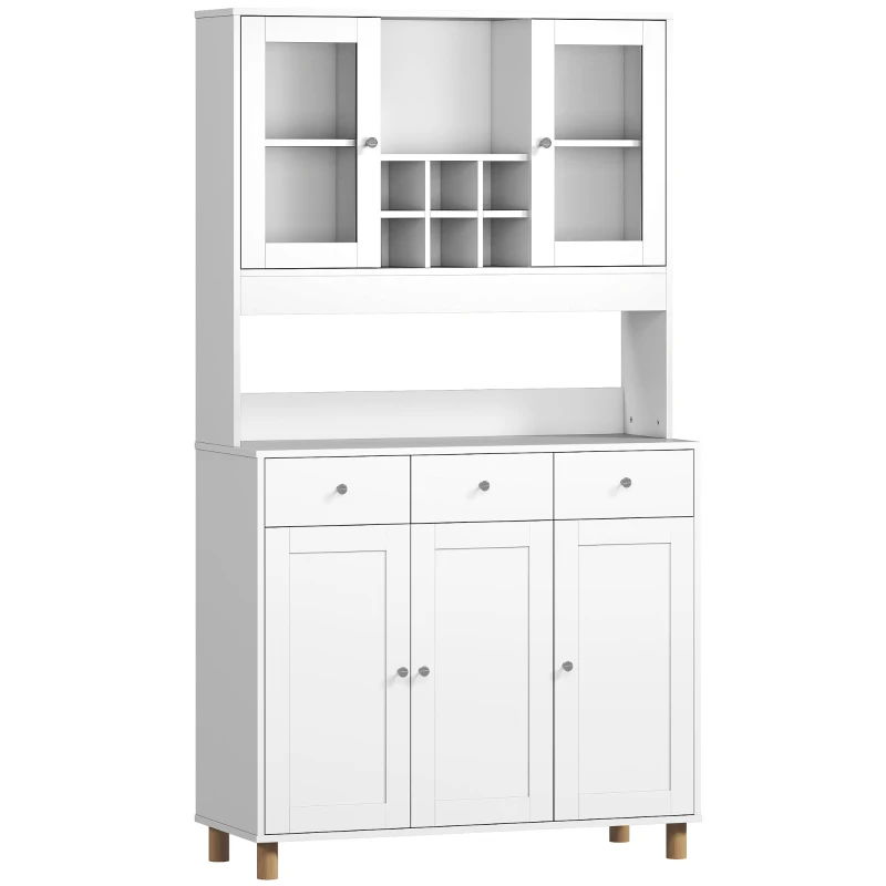 HOMCOM 180 cm keukenkast, 2 glazen deuren, 3 lades, 4 verstelbare planken, eetkamerkast, spaanplaat, Wit(m-11)