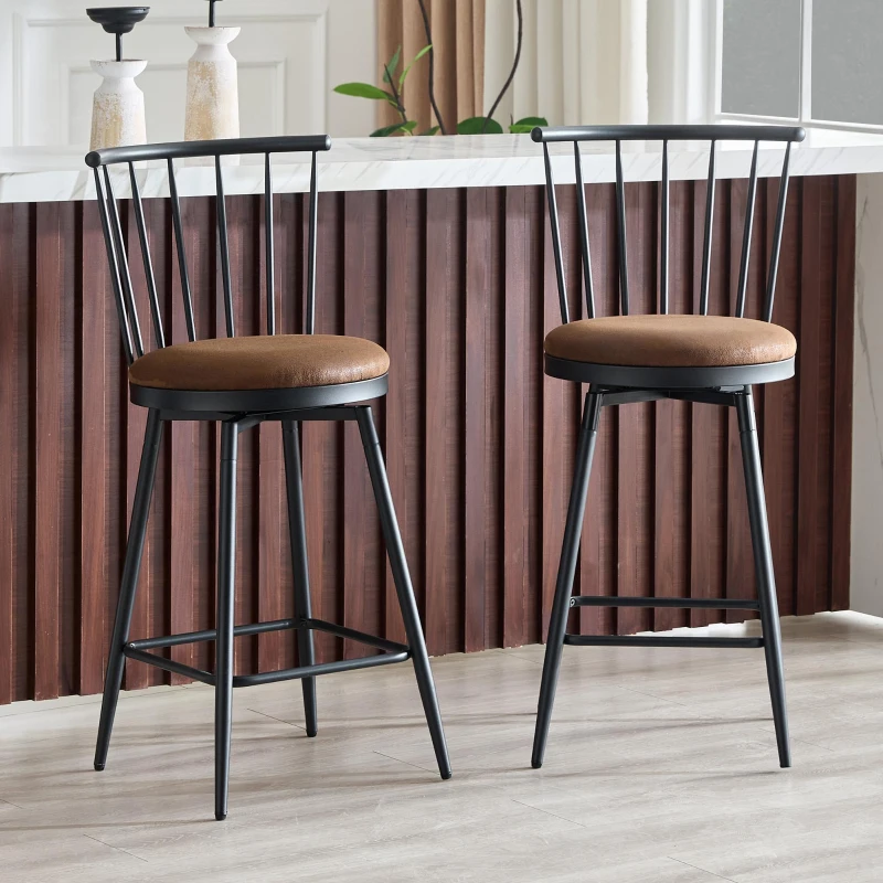 Tabouret de bar style Windsor en métal, assise ronde rembourrée, 39x39x96 cm, Marron