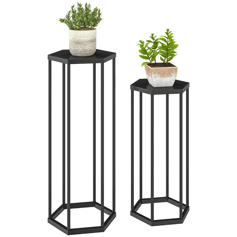 Outsunny Lot de 2 supports pour plantes, tabouret à fleurs hexagonal en métal, intérieur et extérieur, noir