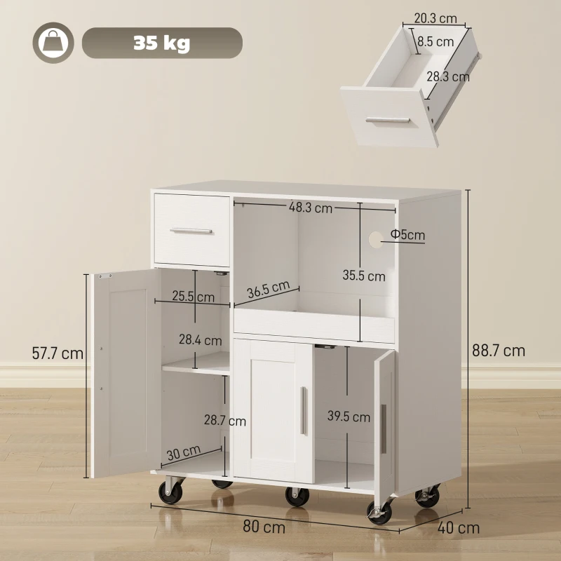 HOMCOM Dulap pentru Cuptorul cu Microunde din Lemn cu Sertar, 2 Dulapuri, Raft Deschis și Raft Reglabil, 80x40x88.7 cm, Alb