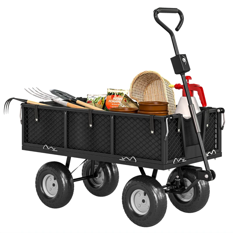 Outsunny Tuinwagen, 4-Wiel Trolley van Staal, Afneembare Zijwanden, 25 cm Wielen, Draaibaar Handvat, 300 kg Laadcapaciteit, Zwart