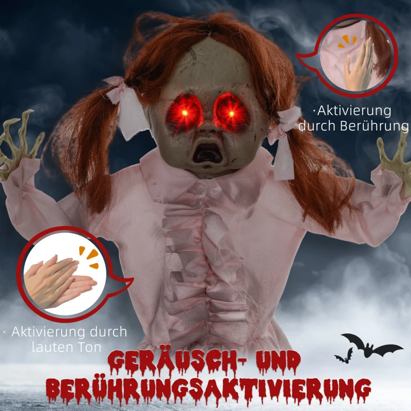 HOMCOM Horrorpop, Halloween decor, geactiveerd met geluid/aanraking, rode ogen, geluid, 76 cm