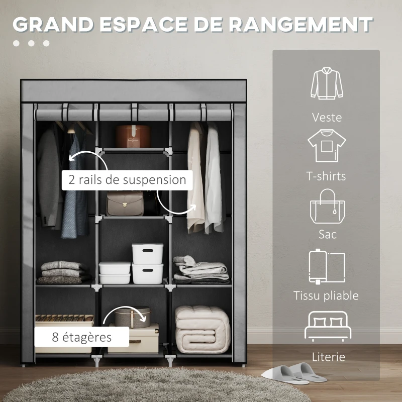 HOMCOM Armoire penderie multi-rangement - 8 étagères, 2 barres - non tissé gris clair