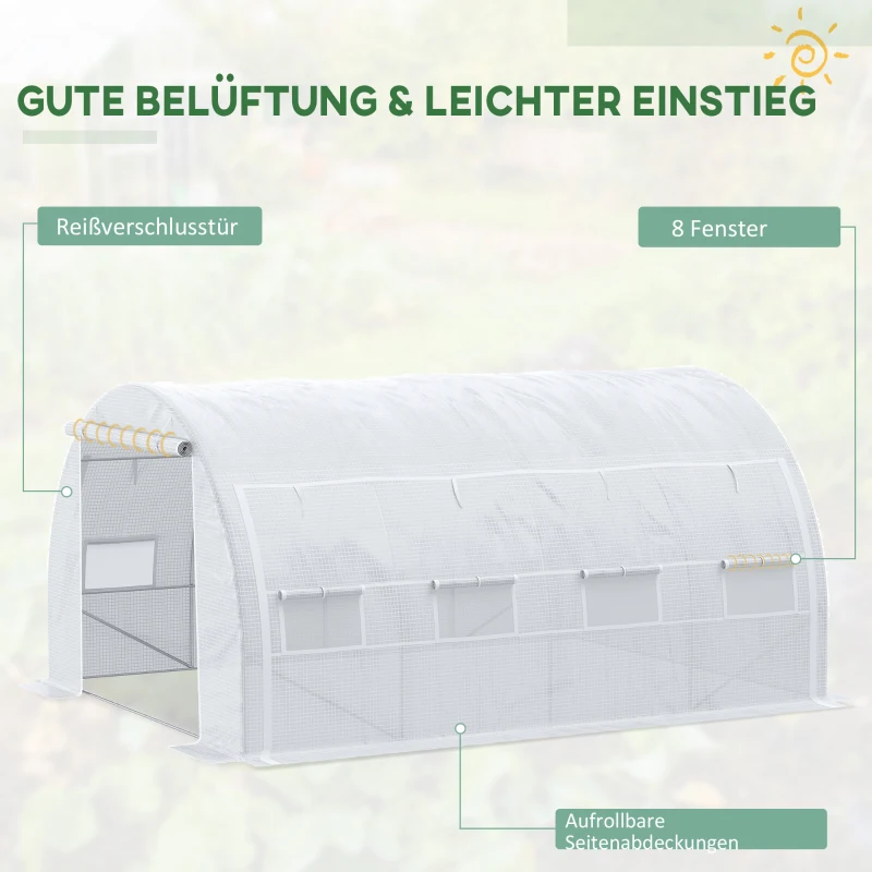 Outsunny Tunnelkas, met loopruimte, oprolbare wanden, deur met ritssluiting, gegalvaniseerd stalen frame, afmetingen 4 x 3 x 2 m, kleur wit