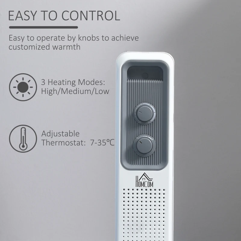 HOMCOM Portable Oil Filled Radiator, 7 Fins Electric Heater with Adjustable Thermostat, 3 Heat Settings and Safe Power-Off, White