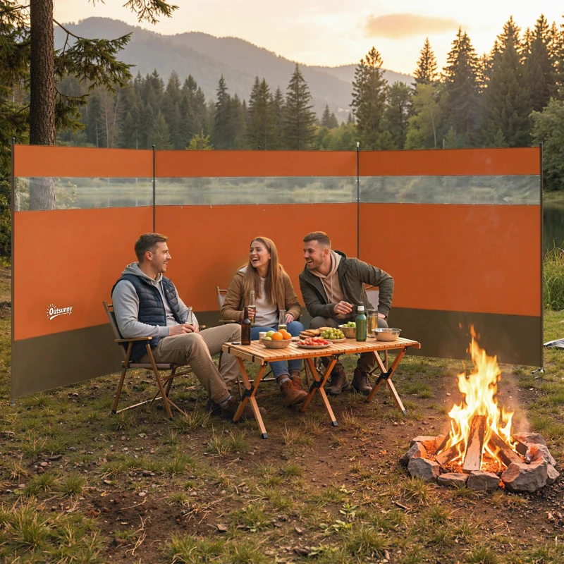 Outsunny Camping Windbreaker with Clear Windows, Carry Bag and Steel Poles, for Beach Caravan Campervan, 440 x 140cm, Orange