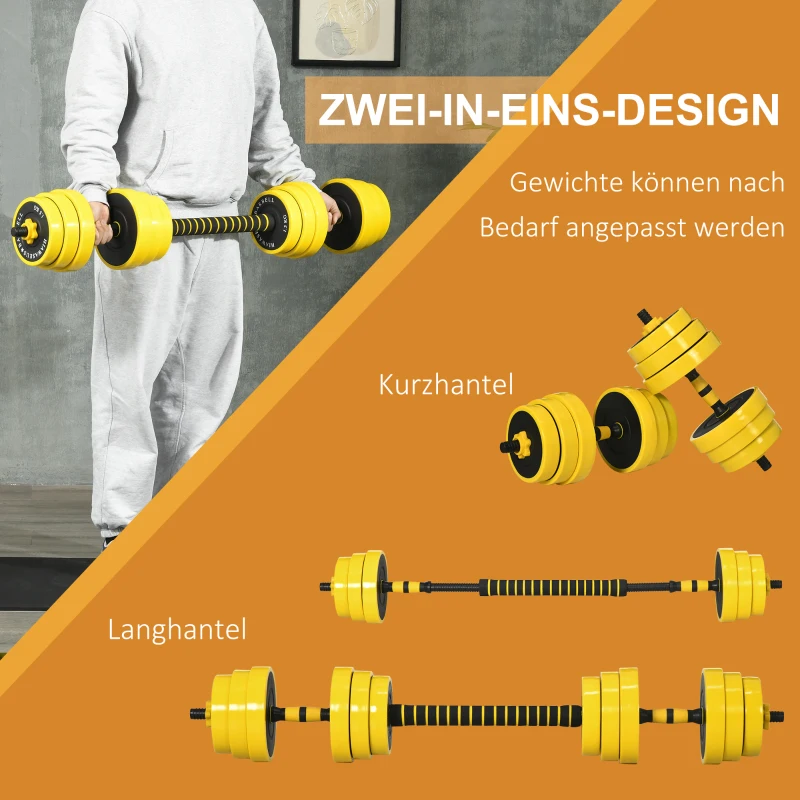 HOMCOM 25 kg halter & halter met lange stang, verstelbare ergonomische 3-in-1 halterset, 12 × schijven, 2 × korte stangen, 1 × lange stang, geel + zwart