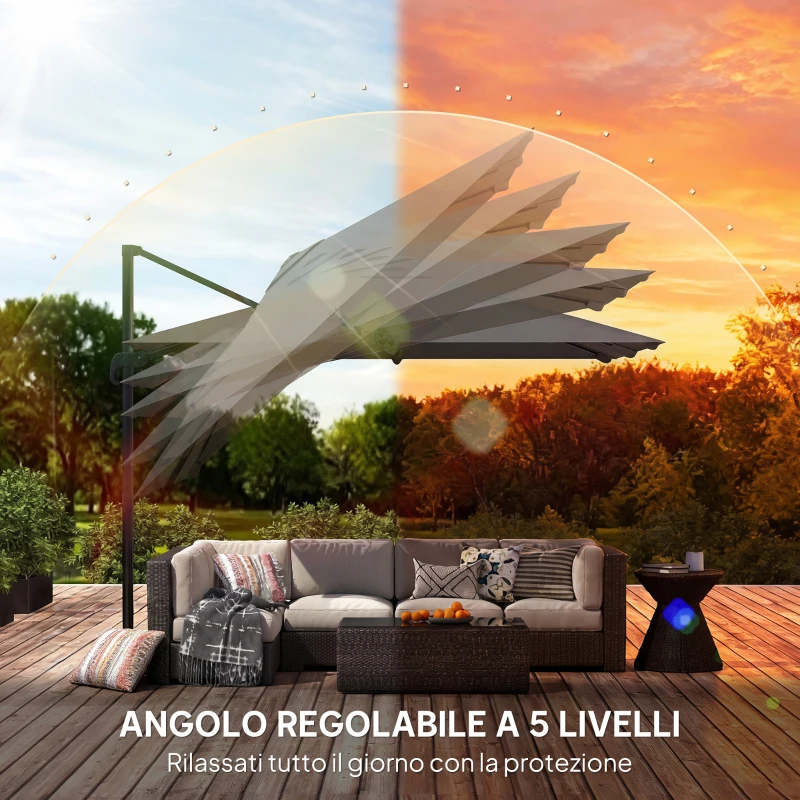 Outsunny Ombrellone a Sbalzo Inclinabile 3x3 m con Base a Croce e Manovella, in Poliestere Grigio Scuro