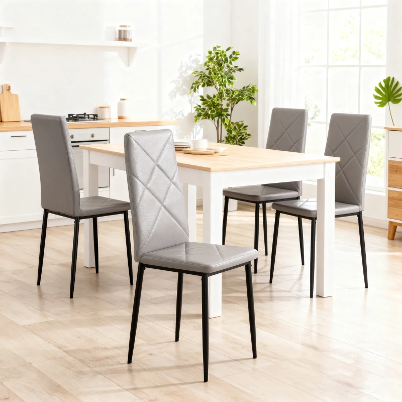 HOMCOM Set di 4 Sedie da Pranzo con Schienale Alto in Finta Pelle e Acciaio, 41x50x97cm, Grigio