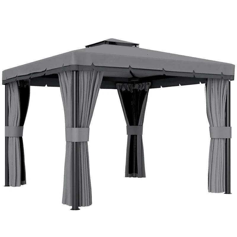 Outsunny Gazebo ca. 3x3m Waterafstotend Stabiel Winterbestendig Tuinpaviljoen met Dubbel Dak Rits-Muggennetten