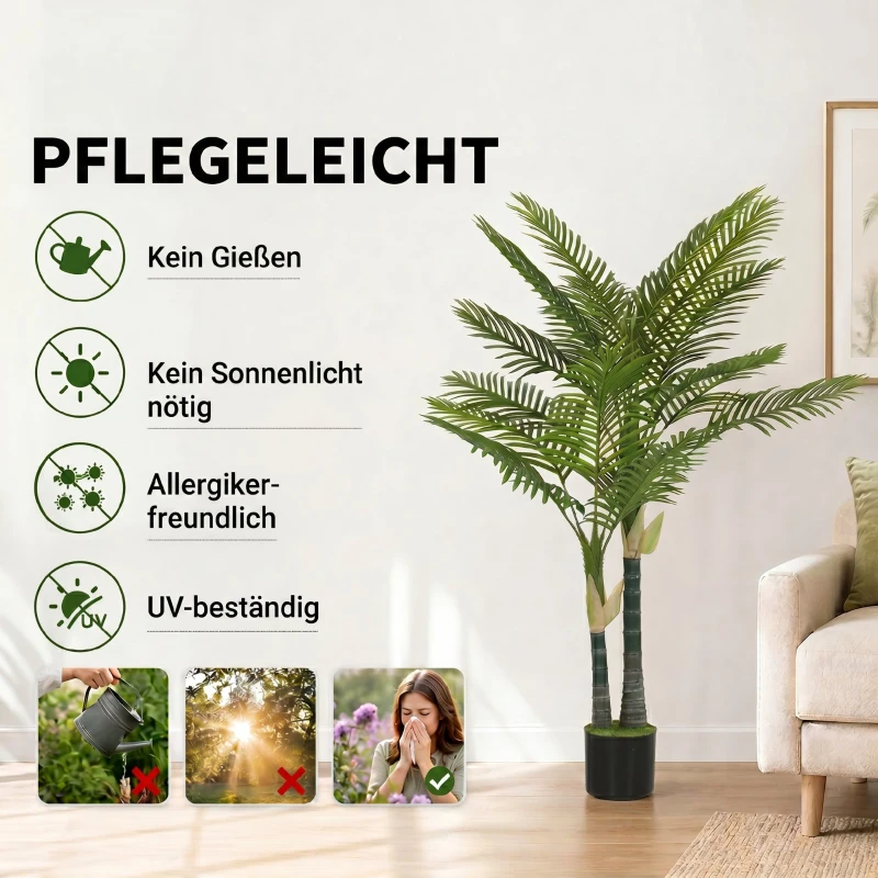 HOMCOM Kunstpalm 150cm Kunstplant met 16 Palmbladeren Grote Kunstplant in Pot voor Woonkamer Balkon Decoratie Groen