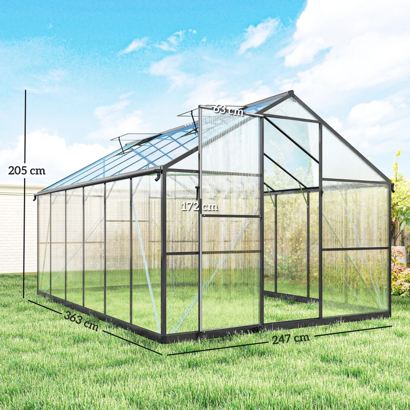 Outsunny Serre de jardin en aluminium polycarbonate, serre avec fenêtres supérieures réglables 363x247x205cm noir