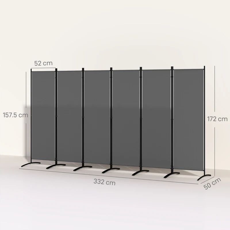 Outsunny 6 Panel Folding Room Divider, 1.7m Privacy Screen with Wide Feet, Portable Freestanding Metal Partition Separator for Office, Living Room, Bedroom, Dining Room, Dark Grey