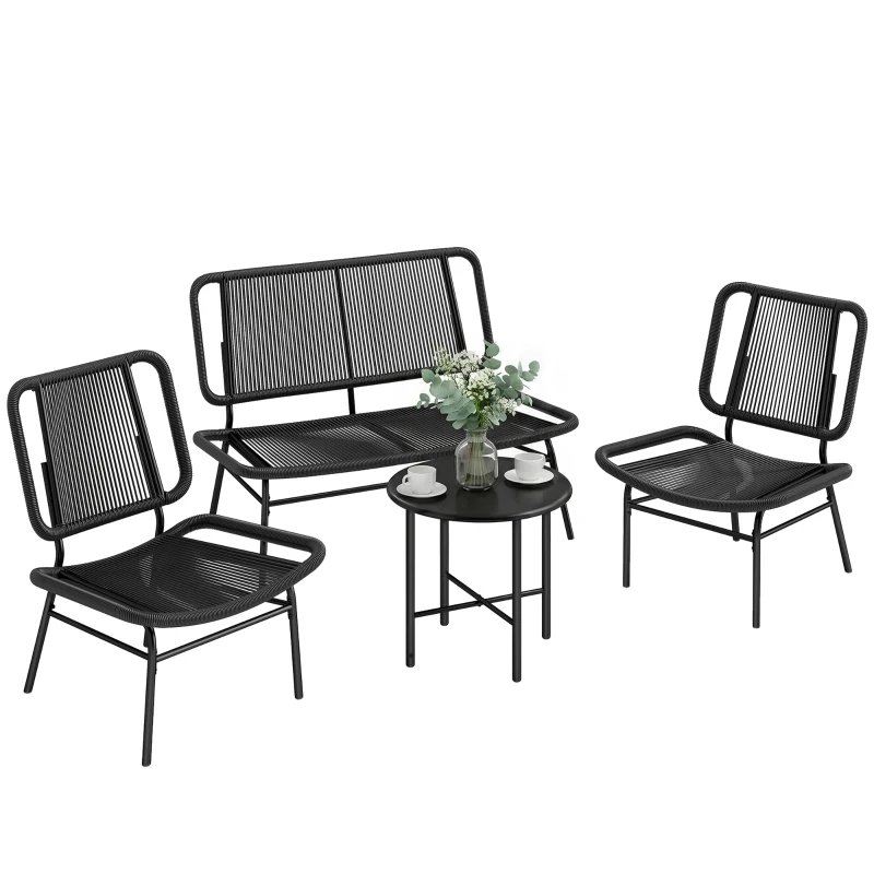 Outsunny Set Mobilier Grădină Ratan 4 Piese, Canapea pentru Exterior cu Măsuță Metalică, Negru