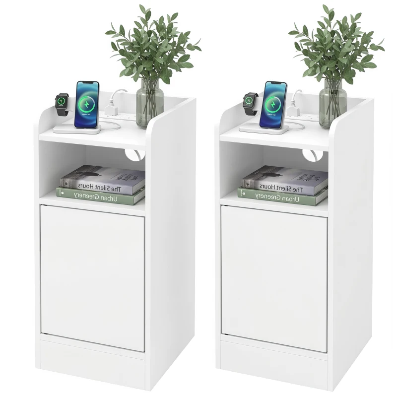 HOMCOM Slim Bedside Table Set of 2 with Charging Station, Narrow Bedside Cabinet with Adjustable Shelf, White