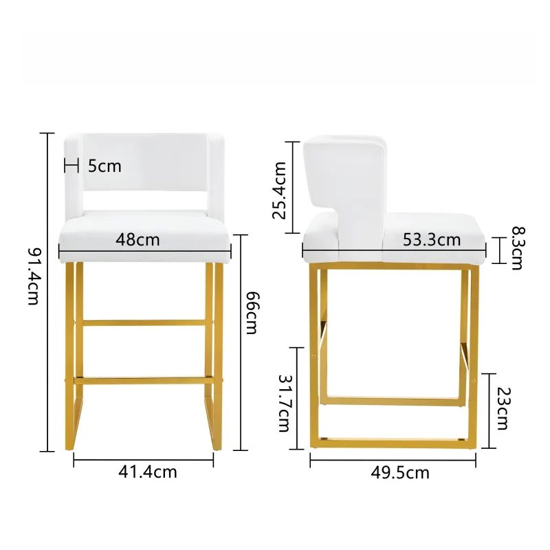 Lot de 2 tabourets de bar nordiques, design carré moderne, imperméable et facile à nettoyer, 48x53.3x91.4 cm, Blanc+Or